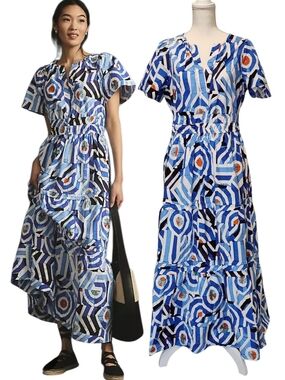 Anthropologie Summerset Hawaiian Blue Abstract Poplin Cotton Tiered Maxi Dress L
